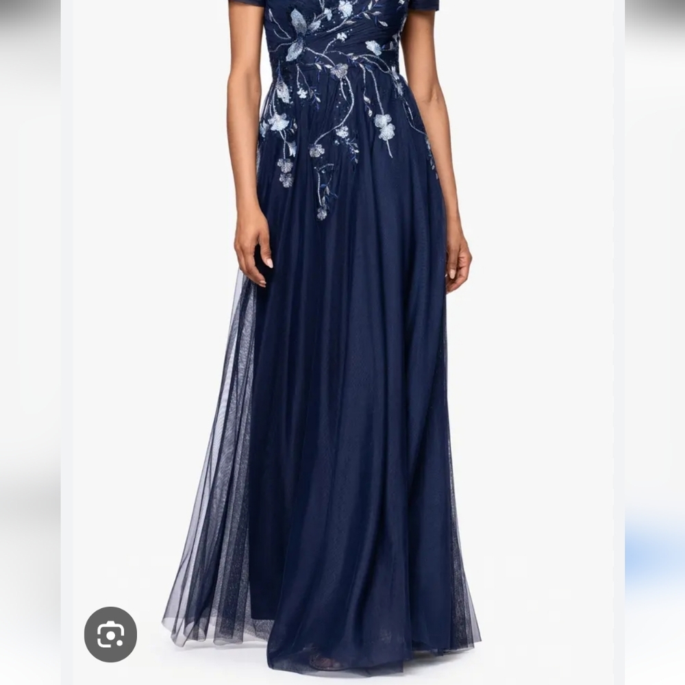 BETSY & ADAM NWT NAVY EMBROIDERED MESH A-LINE OVERLAY GOWN SIZE 12 - Picture 3 of 17